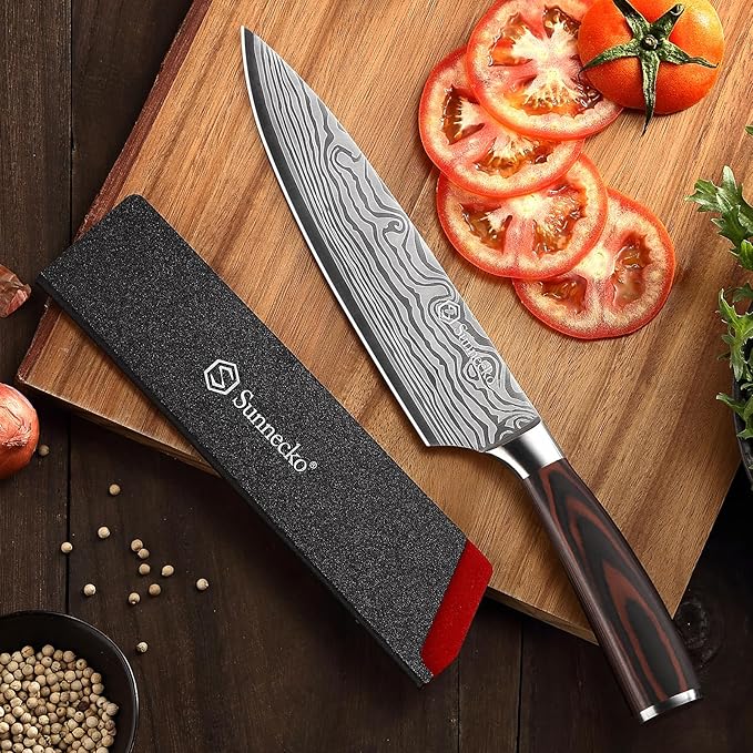 Sunnecko 8 Inch Chef Knife, Professional Japanese Style Kitchen Knife for Meat Vegetable Cutting, Ultra Sharp High Carbon Stainless Steel Blade, Ergonomic Pakkawood Handle & Sheath, Cooking Gift Box