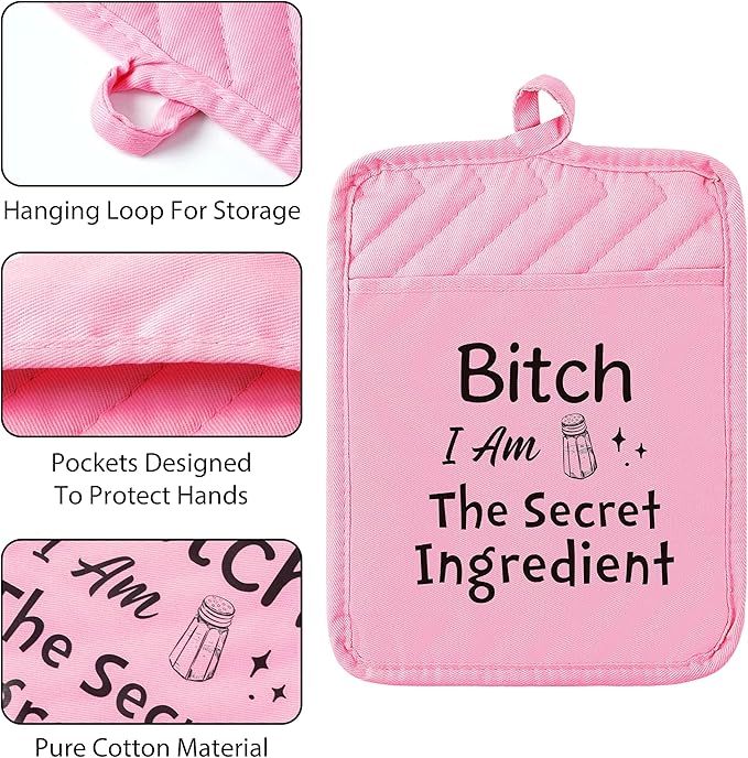GROBRO7 6Pcs Funny Oven Mitts Pot Holders Baking Gift, I Am The Secret Ingredient Resistant Hot Pad Machine Washable Gloves with Hanging Pocket Potholder for Friend Women Gift for Love Kitchen Cooking - Image 2