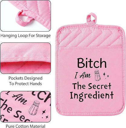 GROBRO7 6Pcs Funny Oven Mitts Pot Holders Baking Gift, I Am The Secret Ingredient Resistant Hot Pad Machine Washable Gloves with Hanging Pocket Potholder for Friend Women Gift for Love Kitchen Cooking - Image 2