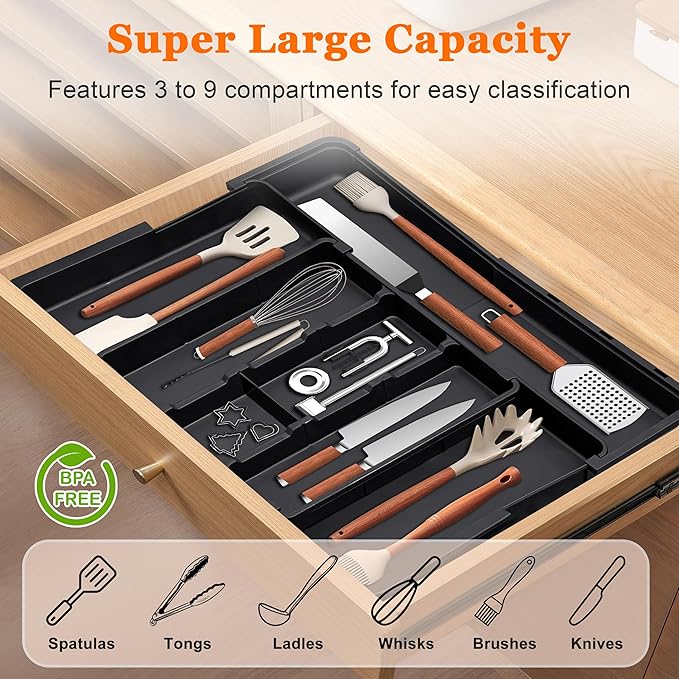 Spaclear Large Utensil Drawer Organizer Expandable Silverware Organizer for Kitchen Drawer Adjustable Cooking Utensil Holder Cutlery Flatware Tray Spatula Tools Gadgets Storage Dividers Plastic Black - Image 3