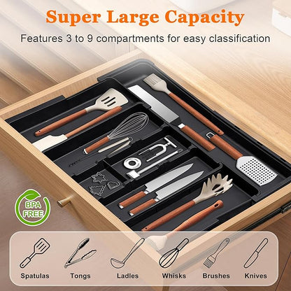 Spaclear Large Utensil Drawer Organizer Expandable Silverware Organizer for Kitchen Drawer Adjustable Cooking Utensil Holder Cutlery Flatware Tray Spatula Tools Gadgets Storage Dividers Plastic Black - Image 3
