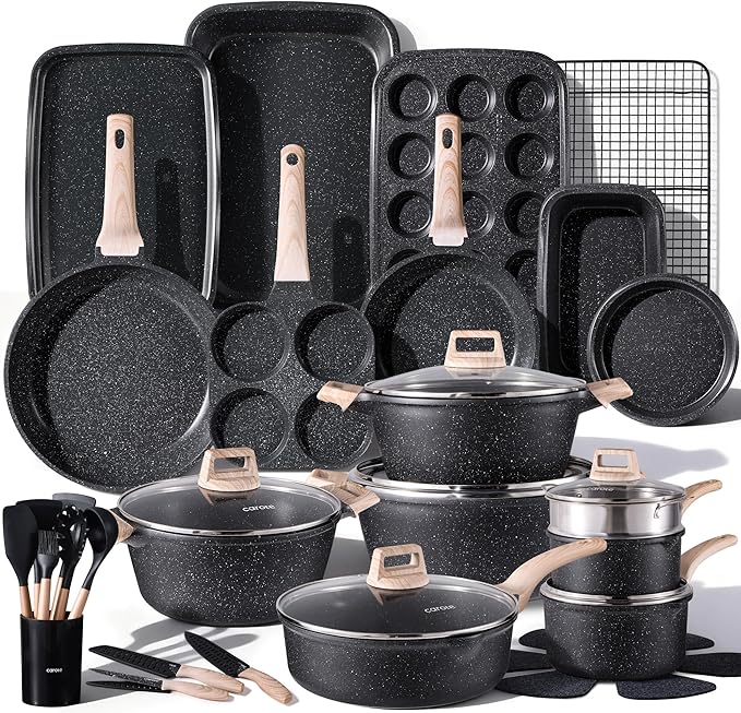 CAROTE 44pcs Pots and Pan Set Nonstick, Cookware Sets, Cooking Set Non Stick, Induction Cook Ware with Bakeware Set, Kitchen Knife Set by CAROTE