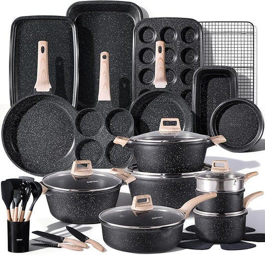 CAROTE 44pcs Pots and Pan Set Nonstick, Cookware Sets, Cooking Set Non Stick, Induction Cook Ware with Bakeware Set, Kitchen Knife Set by CAROTE