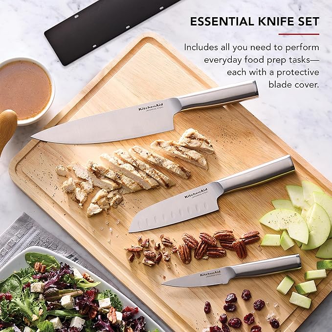 KitchenAid 3 Piece Forged Chef Knife Set High Carbon Japanese Steel, Includes 8 Inch Chef Knife, 5 Inch Santoku Knife, and 3.5 Inch Paring Knife with Blade Covers - Image 3