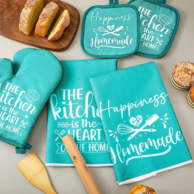 Sratte 6 Pcs Kitchen Decor Accessories Set Farmhouse Towels Pot Holders Oven Mitts Set 2 Dish Towels 2 Potholders 2 Cooking Mittens Oven Glove for Christmas Baking Cooking Supply(Light Teal,Kitchen) - Image 7