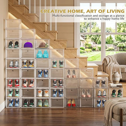 Thickened Clear Shoe Storage Organizer with Magnetic Door, Sturdy Stackable Shoe Boxes for Closet, Collapsible Space-Saving Shoe Rack for Sneakers & Boots, Plastic Shoe Cabinet Box Set, 6 Pack, White