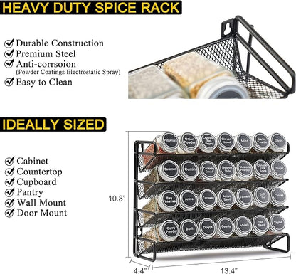 SpaceAid Spice Rack Organizer with 28 Spice Jars, 386 Spice Labels, Chalk Marker and Funnel Set for Cabinet, Countertop, Pantry, Cupboard or Door & Wall Mount - 28 Jars, 13.4" W × 10.8" H, Black - Image 3