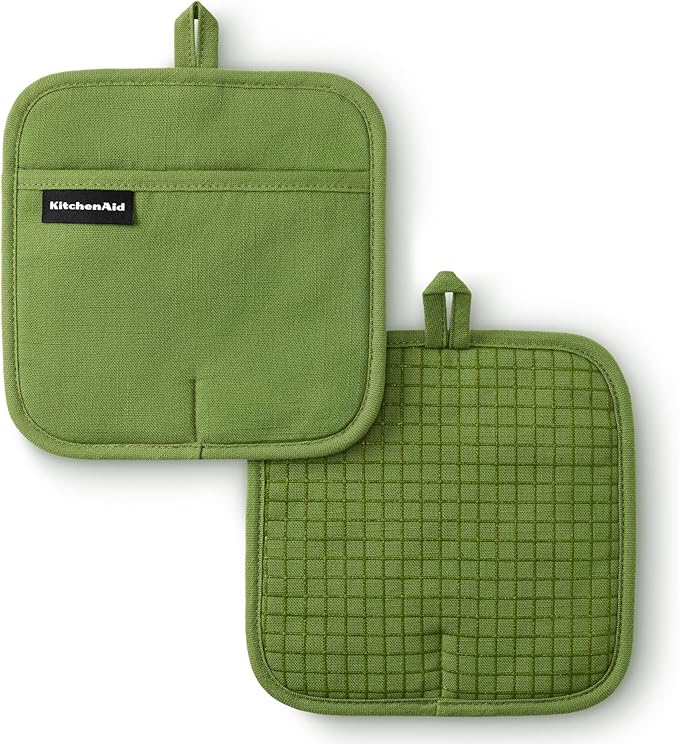 KITCHENAID Gourmet Series Gridlines Pot Holders 2-Pack Set, Heat Resistant up to 600°F, Soft Silicone Grip, Magnetic Cuff, Matcha Green, 8"x8" by KitchenAid