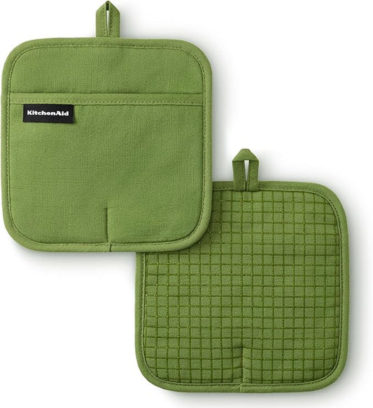 KITCHENAID Gourmet Series Gridlines Pot Holders 2-Pack Set, Heat Resistant up to 600°F, Soft Silicone Grip, Magnetic Cuff, Matcha Green, 8"x8" by KitchenAid
