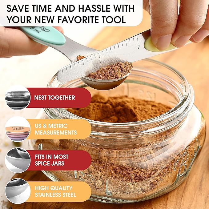Spring Chef Stainless Steel Magnetic Measuring Spoons Set of 8 with Leveler, Metal Teaspoon & Tablespoon Measuring Spoons for Dry and Liquid Ingredients, Kitchen Gadgets for Baking & Cooking - Pastel - Image 5