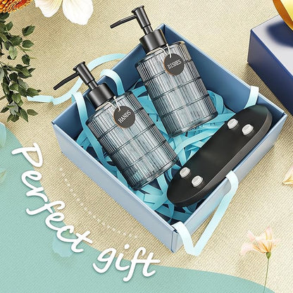 MASADI Soap Dispenser Set with Bamboo Tray, Dish and Hand Soap Lotion Dispenser Set with Wooden Pump for Kitchen and Bathroom Decor for Counter, Modern Vintage Liquid Soap Dispensers (Grey&Black) - Image 6