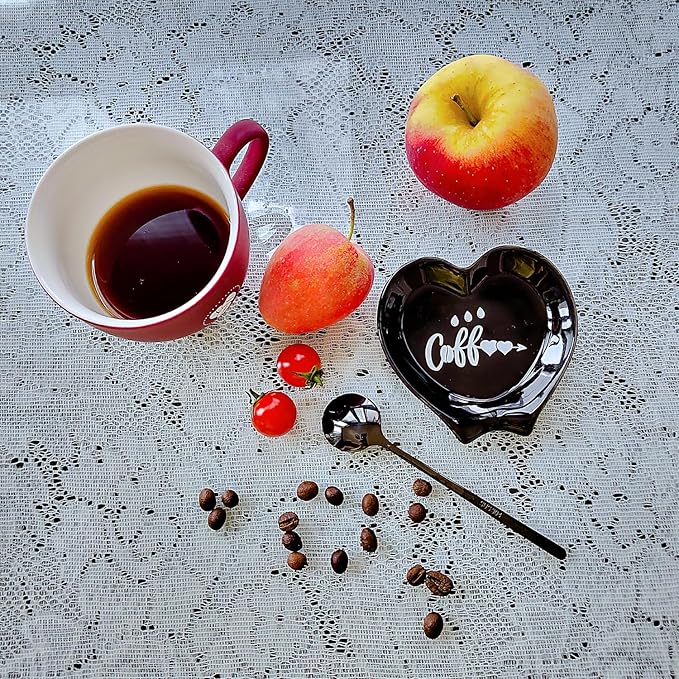 Ture Heart-shaped Ceramic Spoon Rest - Mini & Small, Holds Coffee & Teaspoons, Black - Image 2