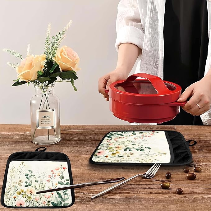 Watercolor Rustic Floral Pot Holders with Pockets, Cottagecore Flower Botanical Oven Pot Holders Heat Resistant Oven Mitts Hot Pads for Kitchen Baking Cooking