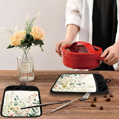 Watercolor Rustic Floral Pot Holders with Pockets, Cottagecore Flower Botanical Oven Pot Holders Heat Resistant Oven Mitts Hot Pads for Kitchen Baking Cooking