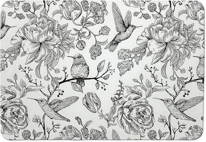Black and White Floral Hummingbird Dish Drying Mat, Vintage Botanical Coffee Bar Mat for Countertops, Bird Flower Absorbent Dish Drying Mats for Kitchen Counter Coffee Maker, 16x24 Inch