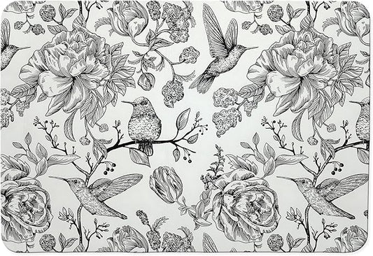 Black and White Floral Hummingbird Dish Drying Mat, Vintage Botanical Coffee Bar Mat for Countertops, Bird Flower Absorbent Dish Drying Mats for Kitchen Counter Coffee Maker, 16x24 Inch