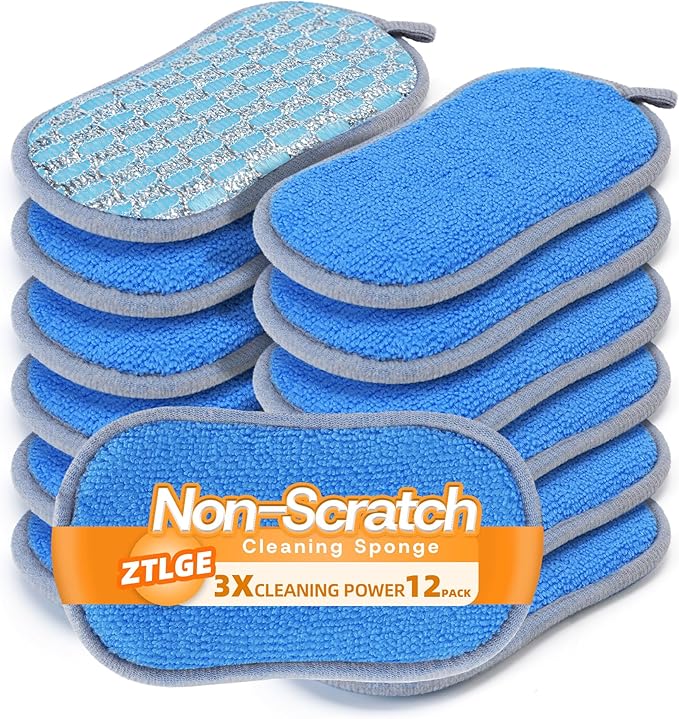 Multi-Purpose Scrub Sponges Kitchen – 12 Pack Dish Sponge, Dual-Sided Non-Scratch Microfiber & Metal Scrubber, Reusable Sponges for Dishes, Pots, Glass, Sink, Stovetop & Bathroom (Blue) by Unknown