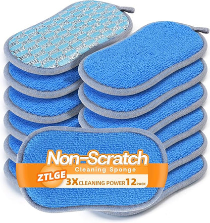 Multi-Purpose Scrub Sponges Kitchen – 12 Pack Dish Sponge, Dual-Sided Non-Scratch Microfiber & Metal Scrubber, Reusable Sponges for Dishes, Pots, Glass, Sink, Stovetop & Bathroom (Blue) by Unknown