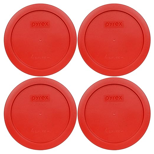Pyrex 7201-PC 4-Cup Poppy Red Food Storage Replacement Lid (4-Pack) - Made in USA by Pyrex