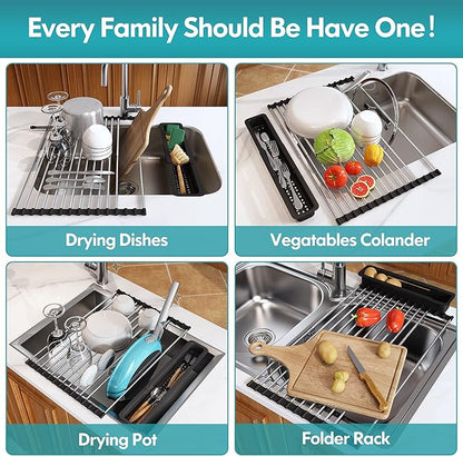 JASIWAY Roll Up Dish Drying Rack, Expandable (12.8"-23.8" D x 12.8" W) Stainless Steel Portable Over The Sink Dish Drainer for Kitchen Sink Counter, Foldable Sink Cover with Removable Utensil Holder - Image 5