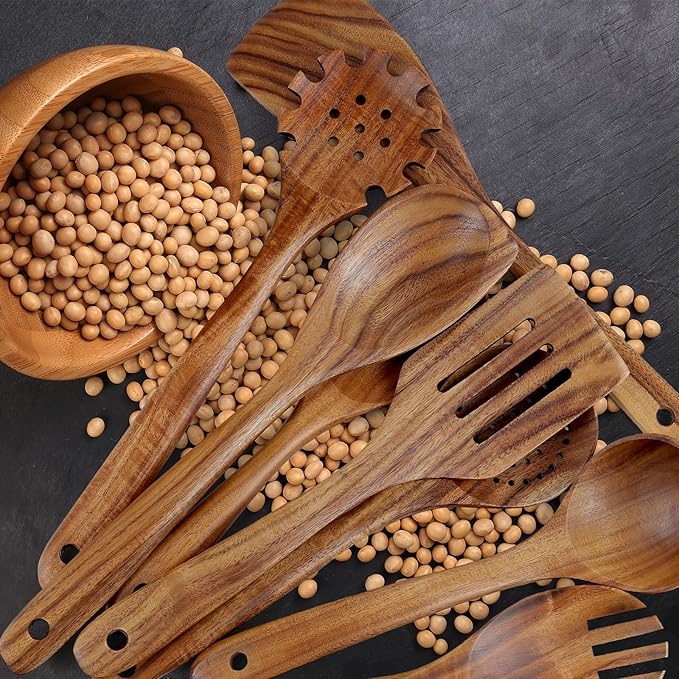 comfoyar Teak Wooden Spoons for Cooking, 9 Pieces Kitchen Cooking Utenails Set with Holder and Ladle, Heat Resistant Kitchen Cookware for Nonstick Pan - Image 4