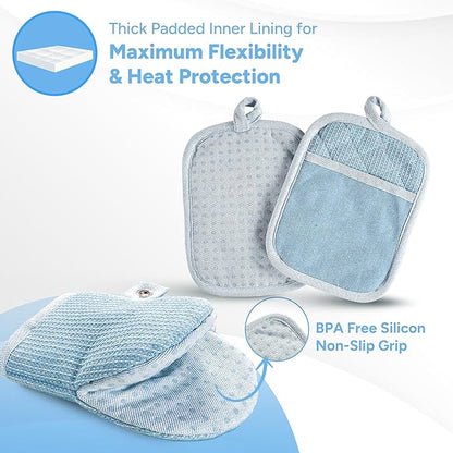 Casa Platino BBQ Gloves & Potholders Set, 4Pc Kitchen Mitts for Oven & Baking, Holder for Hot Pots & Dishes – Heat Resistant Up to 500°F, Non-Slip & Machine Washable – Cornflower