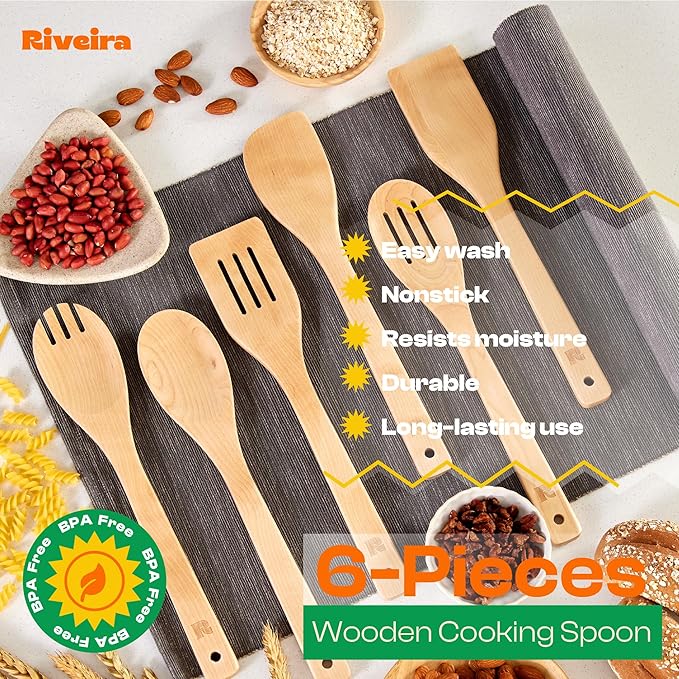 Riveira Maple Wooden Spoons for Cooking Set of 6 – Natural Maple Wooden Cooking Utensils, Wooden Spatula, Wooden Spoon - Premium Quality Utensil Set for Non-Toxic Cooking - Image 5