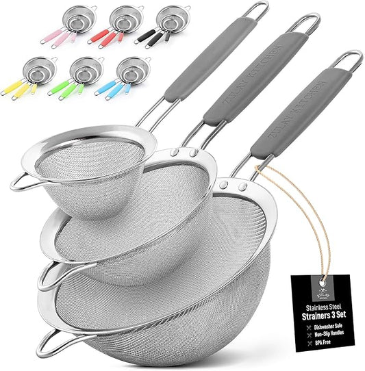 Zulay Kitchen Premium Stainless Steel Fine Mesh Strainer Set - Strainers For Kitchen (Set of 3) With Non-Slip Handles - Includes A Small, Medium & Large Fine Mesh Sieve Set - Durable Metal Strainer