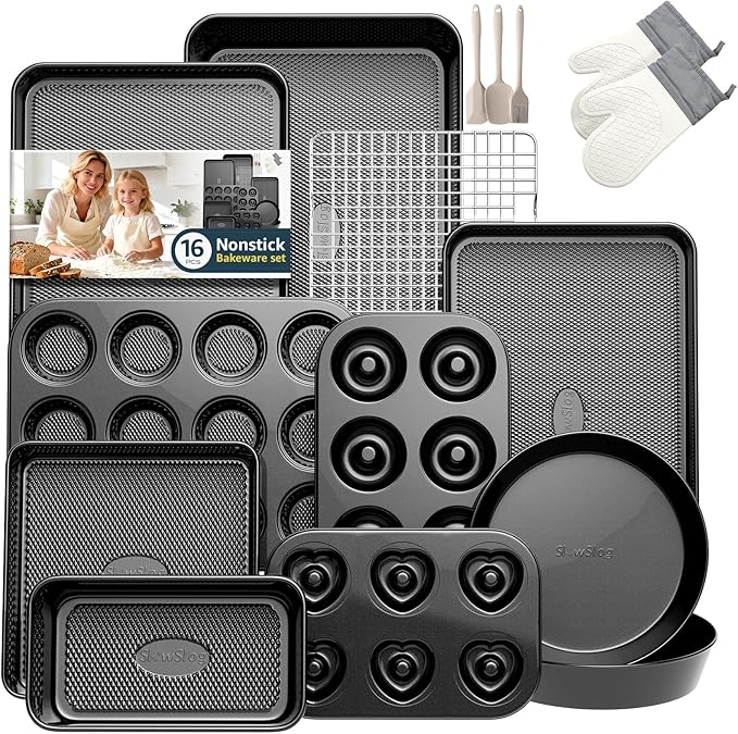 16-Piece Nonstick Bakeware Set with Oven Mitts, Donut Pan, and Heart Pan, Stackable Carbon Steel Baking Pans Set with Kitchen Utensils and Rack, Ceramic Coating, Black by SlowSLog