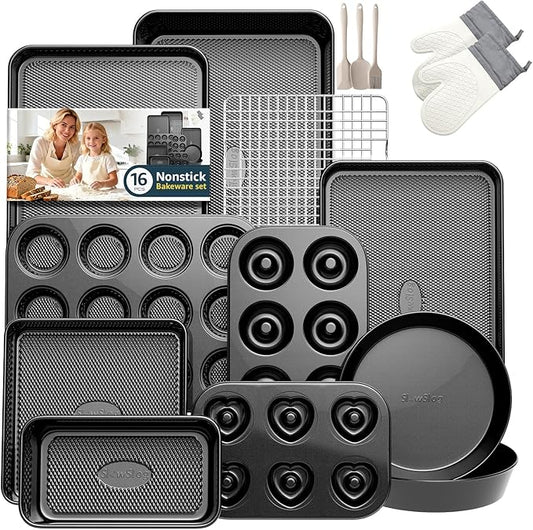 16-Piece Nonstick Bakeware Set with Oven Mitts, Donut Pan, and Heart Pan, Stackable Carbon Steel Baking Pans Set with Kitchen Utensils and Rack, Ceramic Coating, Black by SlowSLog