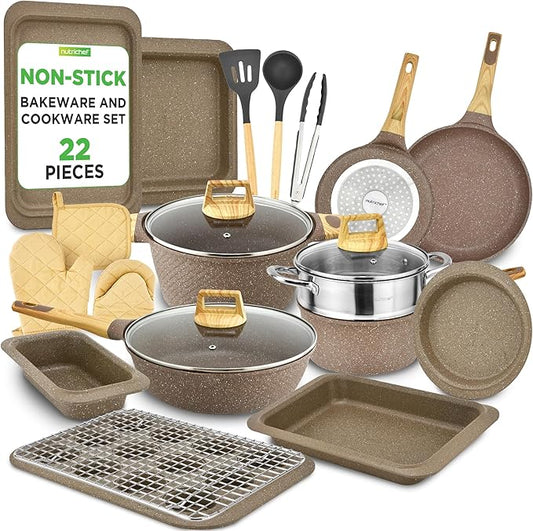 NutriChef 22‑Piece Non‑Stick Ceramic Pots and Pans Set – For All Cooktops Including Induction – PTFE & PFAS Free, Includes Bakeware & Utensils by NutriChef%E2%84%A2Kitchen