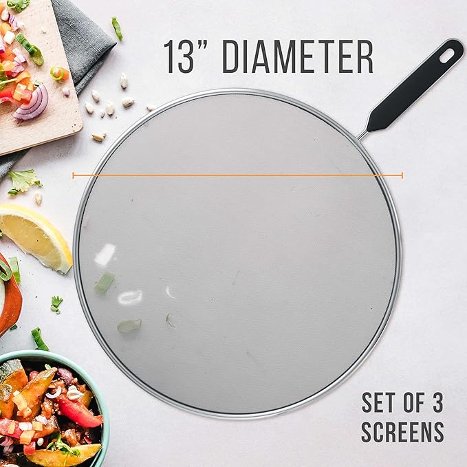 U.S. Kitchen Supply 3-Piece Stainless Steel Splatter Guard Set 13" Fine Mesh Cover, Grease & Oil, Splatter Screen for Frying Pan, Cooking Pots, with Comfort Grip Handles - Image 2