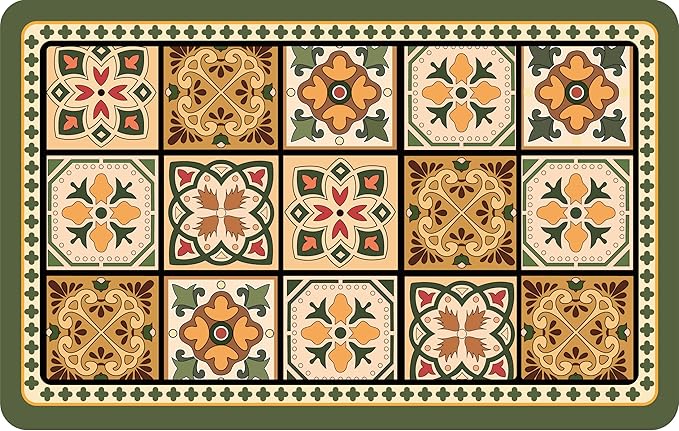 Boho Dish Drying Mat for Kitchen Counter - Super Absorbent Faux Leather Kitchen Mat, Quick Dry & Non-Slip Countertop Protector, Aesthetic Bohemian Decor for Coffee Bar (17"x31.5", Green)