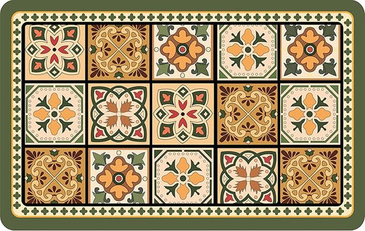 Boho Dish Drying Mat for Kitchen Counter - Super Absorbent Faux Leather Kitchen Mat, Quick Dry & Non-Slip Countertop Protector, Aesthetic Bohemian Decor for Coffee Bar (17"x31.5", Green)