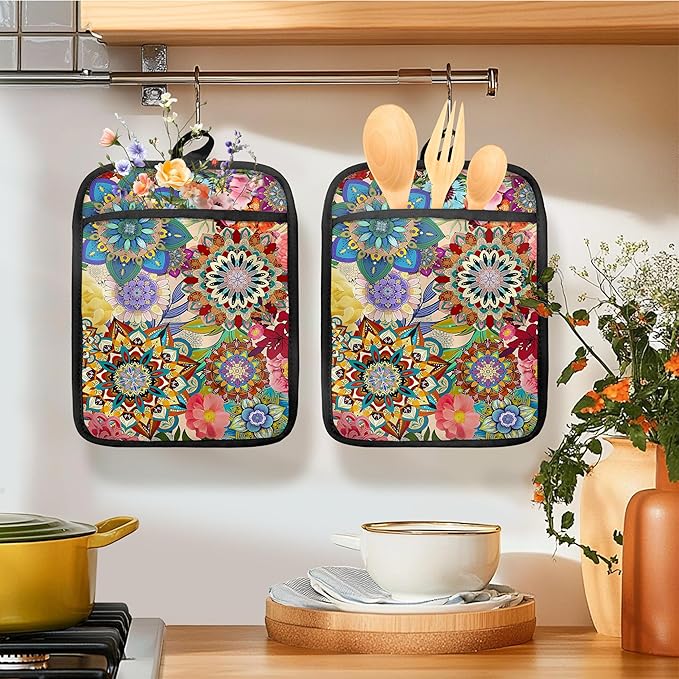 Boho Floral Oven Mitts Set, Vintage Luxury Colorful Flower Floral Heat Resistant Kitchen Oven Gloves for Baking and Cooking,Pot Holders - Image 3