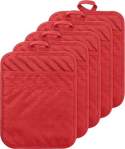 GROBRO7 5Pack Pocket Pot Holders Cotton Heat Resistant Potholder Multipurpose Hot Pads Machine Washable Oven Mitts Potholders Bulk for Daily Kitchen Baking and Cooking 7 x 9 Inch Red by GROBRO7