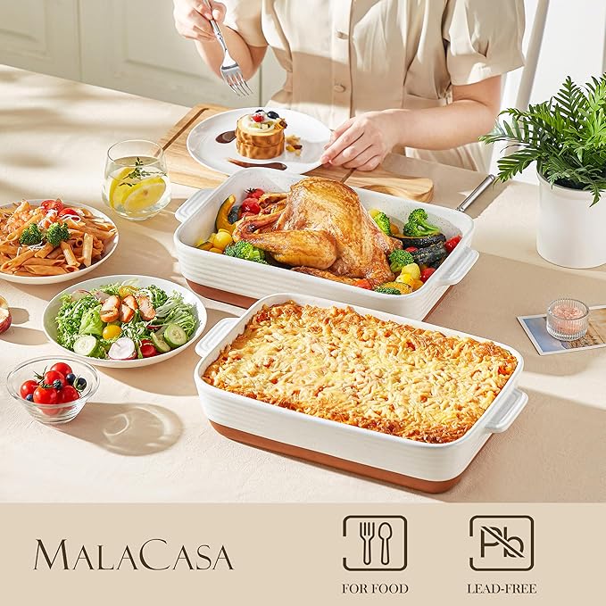 MALACASA Baking Dish 4.8 Qt Ceramic Casserole & Lasagna Pan, 9x13 Inch Deep Rectangular Oven Safe Dish with Handles for Baking, Roasting, Serving (Khaki & White) - Series Tara - Image 3