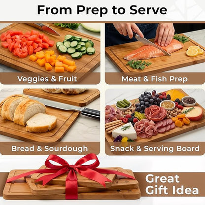Set of 3 Bamboo Cutting Boards for Kitchen - Thick & Durable Wood Cutting Boards Set with Deep Juice Grooves & Build-in Handles, Large Surface, Easy to Clean – for Meat, Vegetables and Fruits