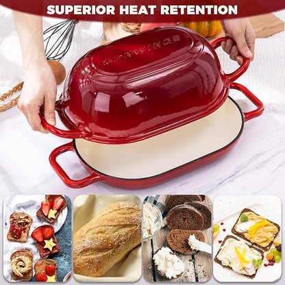 Oval Dutch Oven for Bread Baking, 12 x 8 Inch Cast Iron Bread Oven for Sourdough, Dutch Oven Bread baking Pan for a Crispy Crust, 5QT, Cherry