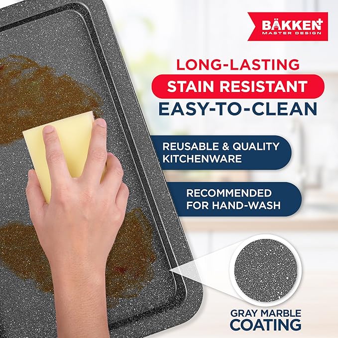 BAKKEN Kitchen Baking Pans - Nonstick Gray Coating, 13.18’’ × 8.66’’ Commercial Grade Carbon Steel Cookie Sheet, Baking Kitchen Essentials, PFOA, PFOS, PTFE Free, Oven Safe Tray (450° F), Gray Marble - Image 4