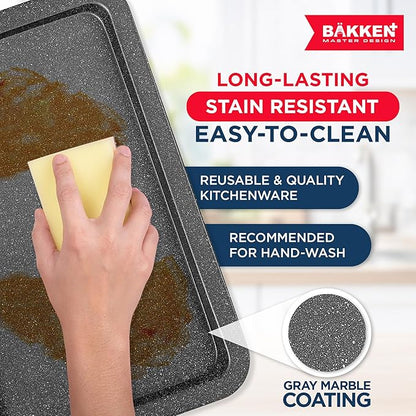 BAKKEN Kitchen Baking Pans - Nonstick Gray Coating, 13.18’’ × 8.66’’ Commercial Grade Carbon Steel Cookie Sheet, Baking Kitchen Essentials, PFOA, PFOS, PTFE Free, Oven Safe Tray (450° F), Gray Marble - Image 4