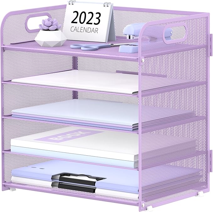 Supeasy 5 Trays Paper Organizer Letter Tray with Handle-Mesh Desk File Holders, Paper Sorter Desk Organizer for Office, Home, Classeoom or School, Purple by SUPEASY