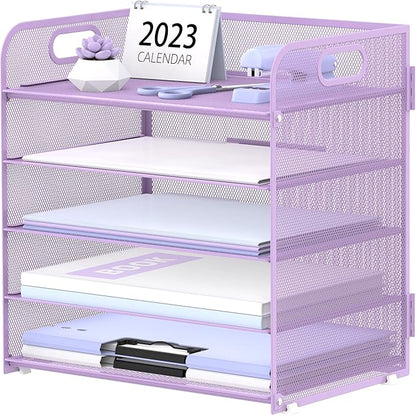 Supeasy 5 Trays Paper Organizer Letter Tray with Handle-Mesh Desk File Holders, Paper Sorter Desk Organizer for Office, Home, Classeoom or School, Purple by SUPEASY