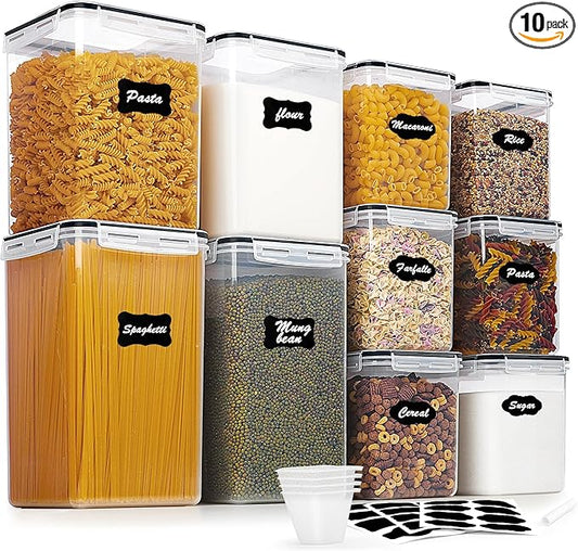 Vtopmart 10 PCS Flour and Sugar Storage Container, Large Airtight Food Canisters with Lids for Kitchen, Pantry Organization, BPA Free, Black by Vtopmart