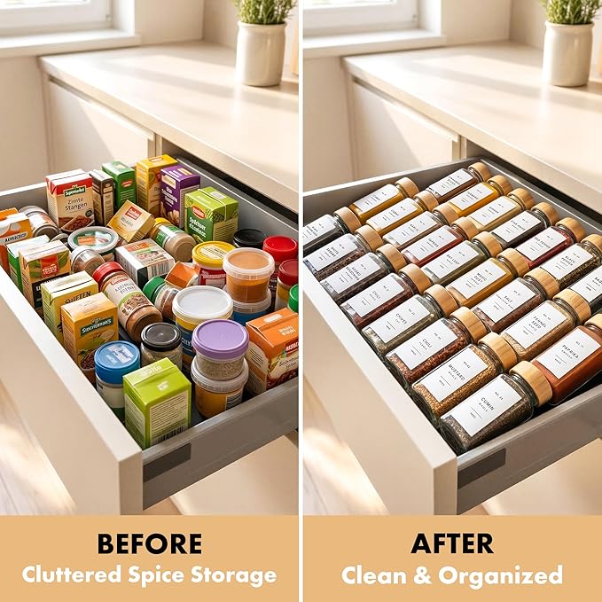 EDELHAUS® Square Spice Jars with Bamboo Wooden Lid (Pack of 24) Spice Jars with Shaker Insert and 240 Labels - Bamboo Lid Glass Container for Spice Organisation [4.3 in × 1.8 in] - Image 6