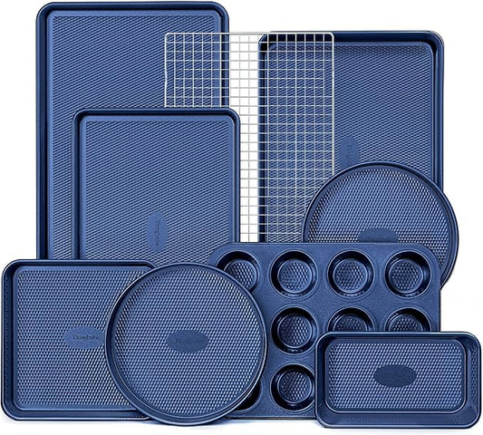 HONGBAKE 9-Piece Baking Pans Set Nonstick, Stackable Non Toxic Bakeware Sets with Diamond Texture, Oven Pan Set for Cooking, Includes Cookie Sheet with Rack, Cake Pan, Roasting Pan, Muffin Tin, Blue by HONGBAKE