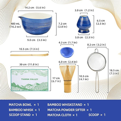 Matcha Whisk Set,7 Pcs Matcha Set Blue,Matcha Kit for Ceremony,480 ML Ceramic Bowl(chawan) with Spout,Bamboo Whisk(100 prong) and Holder,Tradition Tea Set,Gift for Matcha Lovers