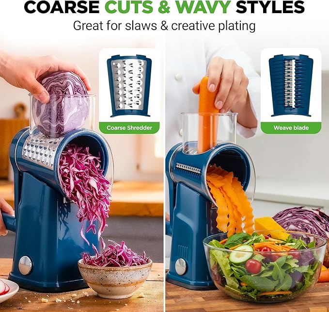 NutriChef 5 in 1 Cheese Grater & Shredder | 5 Different Blades for Thin, Thick, Julienne Strips, Wavy, & Straight Strips | Includes Hand Crank, Strong Suction Base & Storage Container | Blue - Image 5