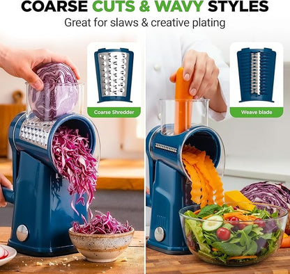 NutriChef 5 in 1 Cheese Grater & Shredder | 5 Different Blades for Thin, Thick, Julienne Strips, Wavy, & Straight Strips | Includes Hand Crank, Strong Suction Base & Storage Container | Blue - Image 5