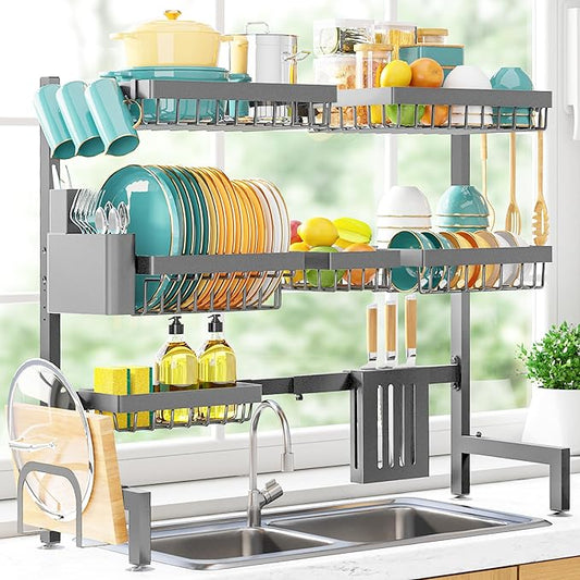 Sakugi Over The Sink Dish Drying Rack - Adjustable 3 Tier XX-Large Capacity Stainless Steel Drainer with Cutlery & Utensil Holders, Kitchen Storage & Organization, 31.5"-39.5"L x 12"W x 30.5"H, Gray by Sakugi